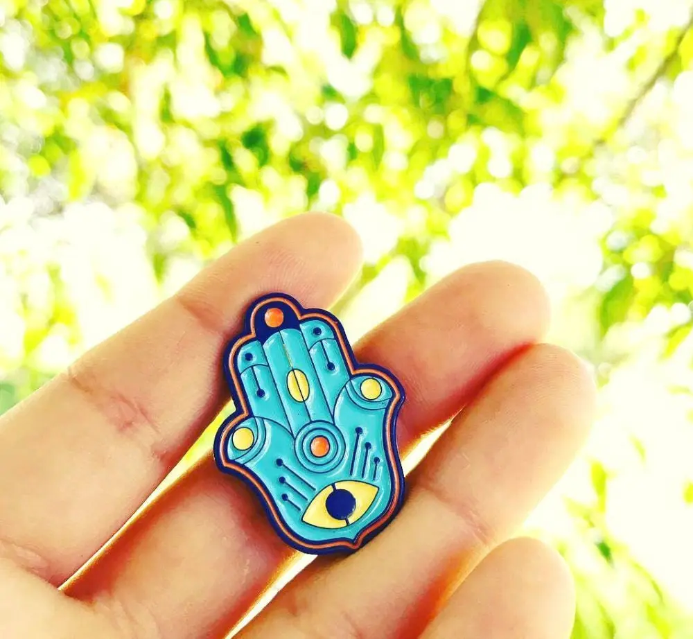 Hamsa Pin – Light Blue, Navy, and Orange