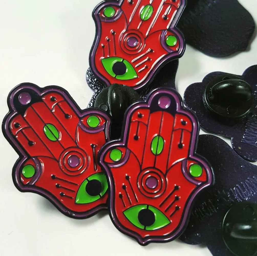 Hamsa Pin – Red, Dark Purple, and Lime Green